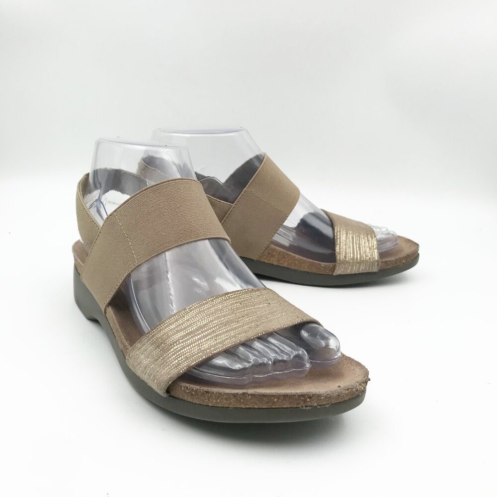 MUNRO Piesces Walking Wedge Tan Gold Leather Two Strap Comfort Sandals Womens 7